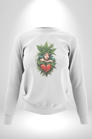 Kalp Parmak Kız Yeşillik Mutluluk Unisex Beyaz Baskılı Sweatshirt Beyaz
