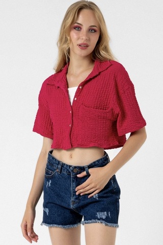 Bbbutikbasic Bürümcük Cepli Crop Gömlek Fuşya