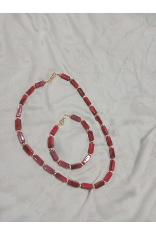 Kırmızı Kolye Ve Bileklik Takı Seti Kırmızı