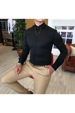 Italyan Kesim Slim Fit Erkek Saten Siyah Zincirli Gömlek T4090