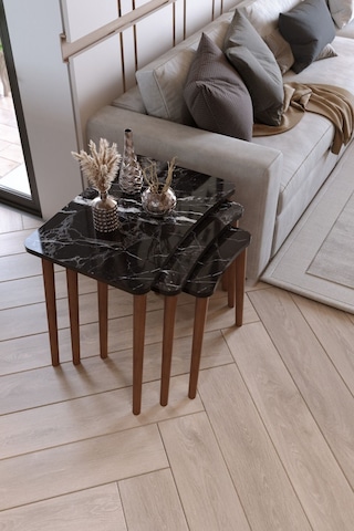 Zuesse Dizayn Reyhan 3lü Zigon Sehpa & Yan Sehpa Ahşap Ayaklı Salon Seti Çay Sehpası - Siyah Mermer