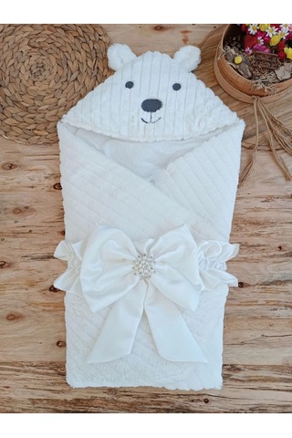 Yenidoğan Beyaz Wool Yün Kumaş Ayıcık Kulaklı Kundak Bebek Battaniyesi Beyaz