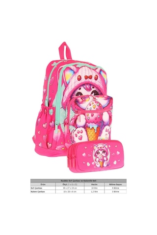 Kaukko Kids Layer Kız Çocuk Okul Çantası + Kalem Çantası Seti Pembe - Dondurma Yiyen Kedi Pembe