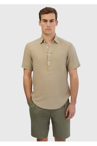 Ramsey Vizon Düz Casual Fit Kısa Dokuma Casual %100 Keten Gömlek vizon mink