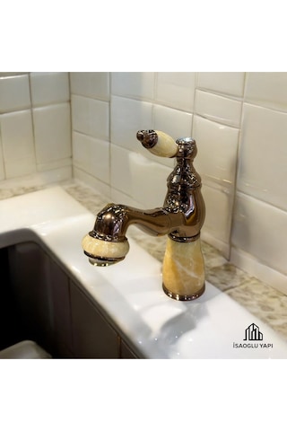 İsaoğlu Yapı Bakır Lavabo Bataryası Bronz Bal Mumu Detaylı Mermer Tasarım Spiralli Uzayabilen Armatür Bakır