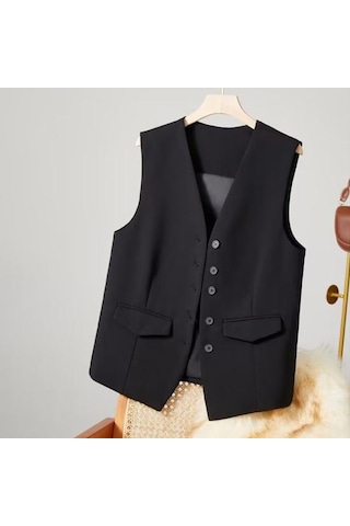 Kadın İş Yelek V Yaka Kolsuz Düz Renk Tek Göğüslü İşe Gidip Gelme Tarzı Hırka Takım Elbise Ceket Bej