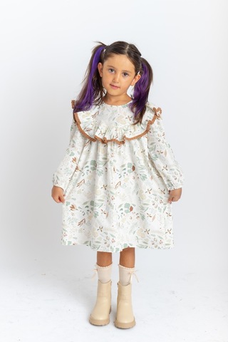 Oliventhekid Fırfırlı Dantelli Poplin Kız Çocuk Elbise Ekru Ekru