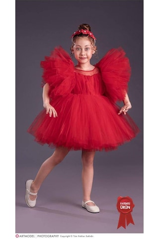 Kız Çocuk Tütü Etekli Kabarık Kollu Komotini Taçlı Abiye Elbise Kırmızı 1662 Kırmızı