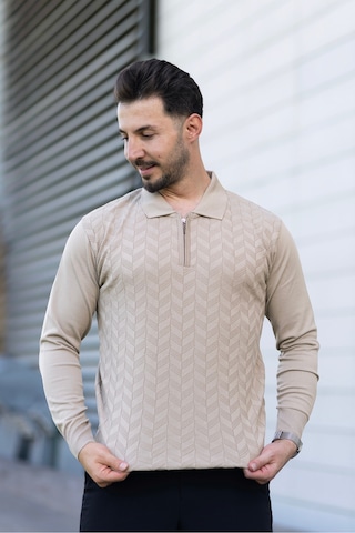 Hk Premium Erkek Triko Kazak Zikzak Desenli Polo Yaka Fermuarlı Slim Fit Bej