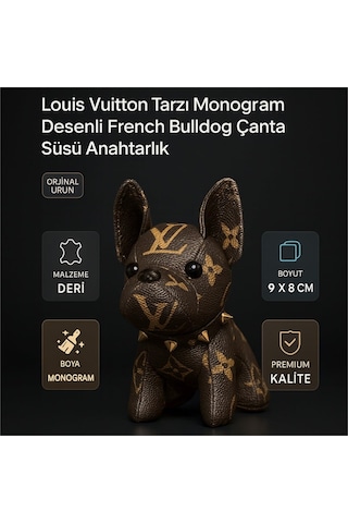 Nixcon Louis Vuitton Tarzı Monogram Desenli French Bulldog Çanta Süsü Anahtarlık Kahverengi - Altın