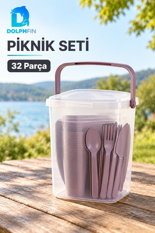 Piknik Seti 32 Parça 6 Kişilik Taşıma Kutulu Plastik Tabak Çatal Kaşık Seti Çok renkli