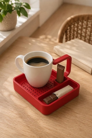 Kahve Sunum Tepsisi Çok Bölmeli Masa Üstü Organizer Kupa Fincan Standı Pla 12.5x11x7 Cm Kırmızı
