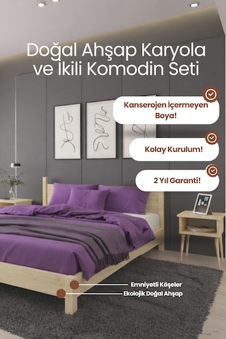 Mi Rage Model Masif Ahşap Karyola Ve 2 Adet Komodin Kolay Kurulum Fırınlanmış İthal Sibirya Çamı 120x200 Yatak Uyumlu 2 Adet Komodin