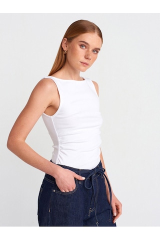 Dilvin 31589 Büzgülü Kayık Yaka Top-beyaz-4884 Beyaz