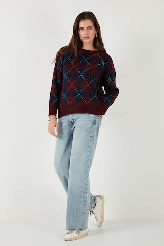 Lela Oversize Fit Bisiklet Yaka Baklava Desenli Bayan Kazak 4615579 Bordo