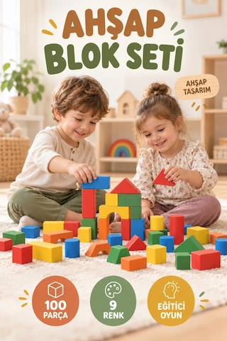 100 Parça Renkli Ahşap Blok Seti 9 Renkli Eğitici Yapı Oyuncağı Farklı Geometrik Şekilli Oyun Seti
