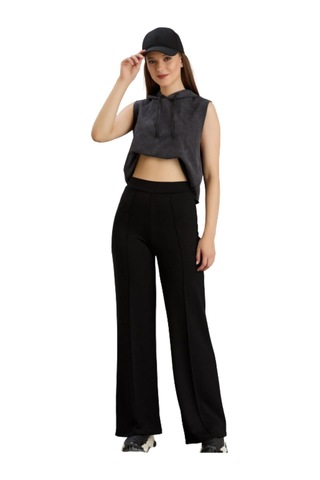 Thiff Gymwear Kadın Modal Önü Çimalı Bol Paça Palazzo Pantolon Siyah