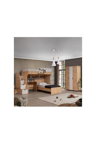 Ranza, Aura Ranza Karyola Masa 3 Kapaklı Dolap + 2 Comfort Yatak Ceviz - Beyaz 90 X 190 CM