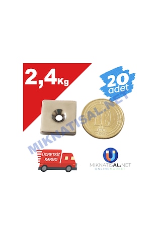 15X15X3Mm (6X3Mm) Havşalı Kare Güçlü Neodyum Mıknatıs 20 Adet