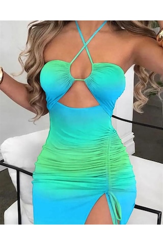 Pink Life Degrade Desen Derin Yırtmaçlı Göğüs Dekolteli Sandy Kumaş Midi Elbise