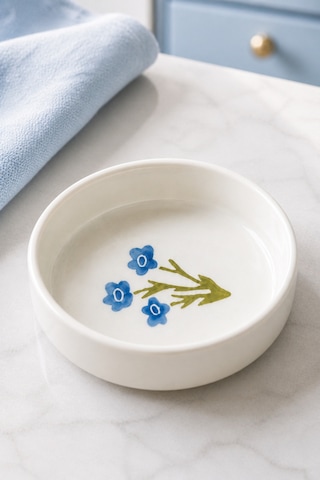 Blue Gift 4 Lü Seramik Kase Seti 10 Cm Çiçek Desenli Çerezlik Ve Sosluk Beyaz