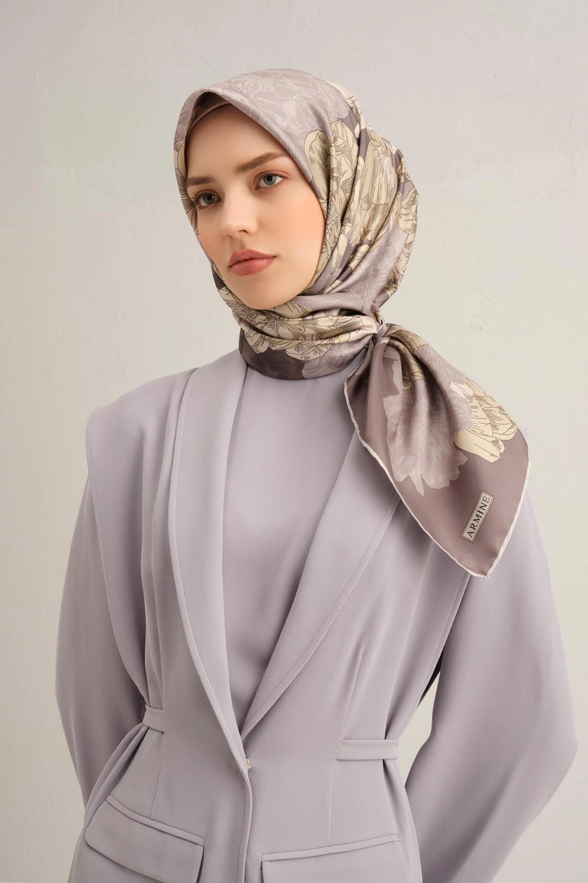 Armine Çiçek Desenli Saf İpek Twill Eşarp 9330d 35 Gri