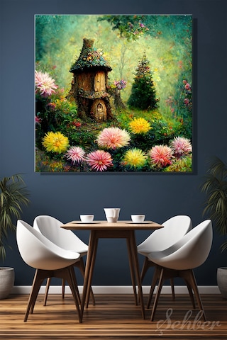 Kare Kanvas Tablo Tekli Ev Kafe Ofis Fairy Tale Little House İn The Forest Ormandaki Masal Evi 2742