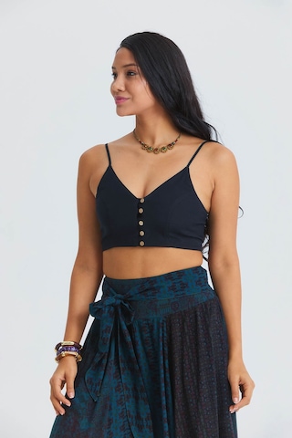 İnce Askılı Düğme Detaylı Crop Bluz Siyah