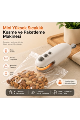 Taşınabilir Mini Poşet Kapatma Ve Kesme Makinesi 2'si 1 Arada Type-c Şarjlı Isı İle Paketleme Cihazı Bej
