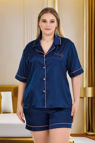 Lady Lacivert Renk Kaliteli, Şık Ve Kısa Kol, Şortlu Saten Pijama Takımı