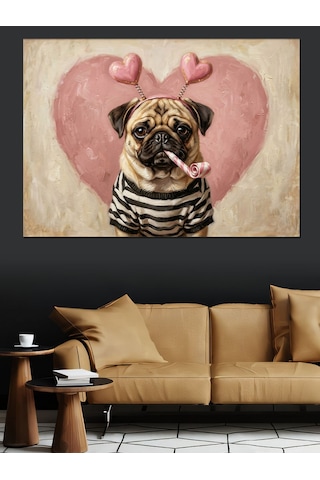 Kalp Balonlu Sevimli Pug Köpeği Dekoratif Kanvas - Mdf Ahşap Tablo