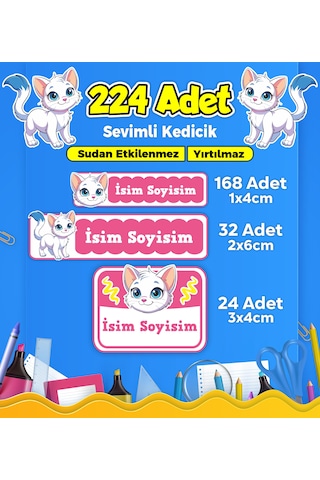 Sevimli Kedi Temalı Okul Kreş Kişiye Özel İsim Etiket Seti - Model 377 Çok Renkli