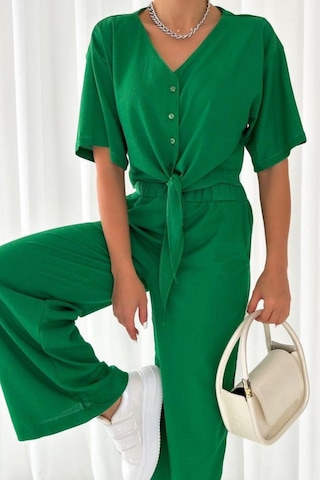 Trend Alisse Yeşil Önden Bağlamalı Crop Palazzo Alt Üst Takım