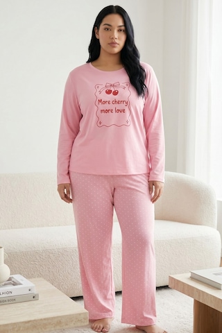 Siyah İnci Pamuklu Likralı Büyük Beden Battal Boy Örme Pijama Takım 26240887 Pembe