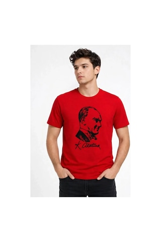 Butik İstanbul Erkek Atatürk Baskılı Tişört Kısa Kollu Bisiklet Yaka T-shirt - Kırmızı