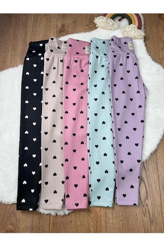 Tunays Shopping Mevsimlik Kalp Baskılı Kız Çocuk Fitilli Tayt 5'li Set Pembe Siyah Lila Yeşil Bej Çok Renkli