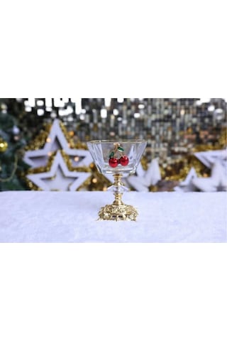 Çnr Home Collection 6 Lı Kiraz Detaylı Gold Metal Ayaklı Cup Magnolia Dondurmalık Çerazlik Sunumluk Gold