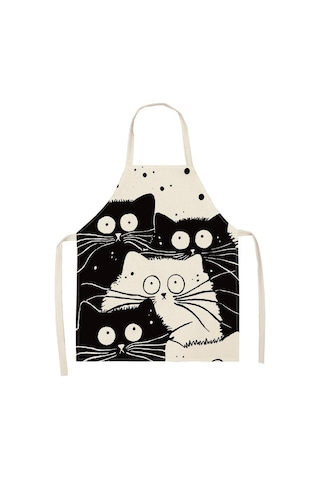 Valkyrie Siyah Beyaz Kedi Desenli Mutfak Önlüğü Cepli Unisex Mutfak Pişirme Temizlik Servis Önlüğü Siyah - Beyaz