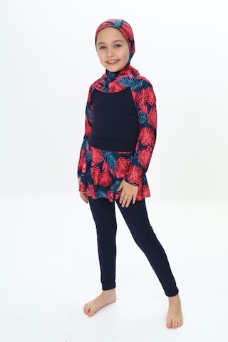 My Kids Wear Üç Parça Kız Çocuk Haşema, Tesettür, Etekli, Kapalı Mayo Kırmızı - Lacivert