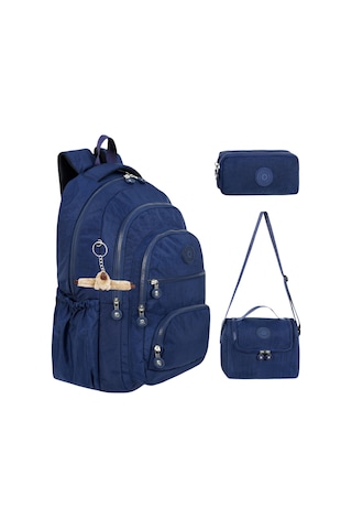 3 Lü Set Krinkıl Kumaş Çanta + Termal Beslenme Çantası + Kalemlik, Maymun Anahtarlık Hediyeli Lacivert