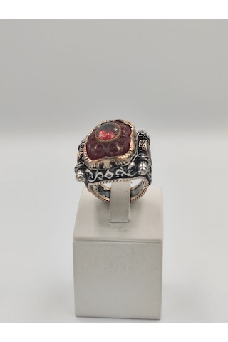 Kırmızı Kehribar Taşlı Çiçekli İslam Usta Eseri 925 Ayar 24 Mm