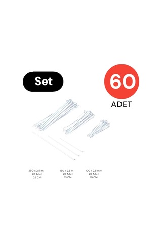 Tek-iş Beyaz Plastik Kablo Bağı Seti 100mm 150mm 250mm X 2.5mm 60 Adet Dayanıklı Cırt Kelepçe Kablo Düz Diğer