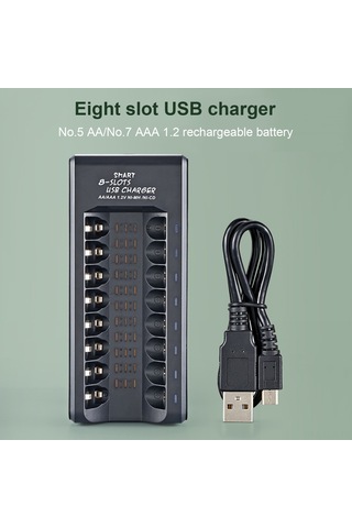 Xindoker Siyah 8 Hücreli Ni-mh Pil Şarj Cihazı, 1.2v Aa/aaa Pil Desteği, Tam Şarjda Işık Sonması, Usb İle Hızlı Kullanıma Hazır