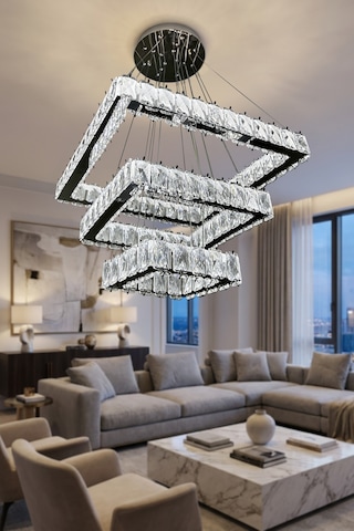Kare 3 Kat Kristal Taşlı Modern Led Avize Salon & Oturma Odası Renkli