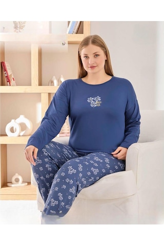 Pijamoni Kadın Sofya Büyük Beden Bisiklet Yaka Uzun Kol İnce Pijama Takımı 8720/4- 1 Adet Mavi