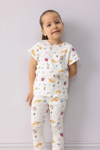 Defacto Pijama Takımı Desenli Kısa Kollu Fitilli Kaşkorse Üst Beli Lastikli Uzun Alt Kız Bebek E1540A525SM Ekru