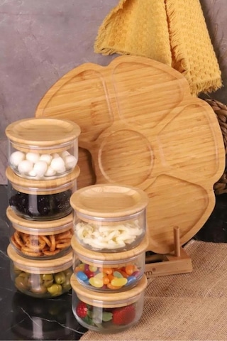 Duo - 7'li Dönen Tepsili Bambu Silikonlu Kapaklı Hava Aldırmaz Cam Kahvaltılık 300 Ml Kahverengi