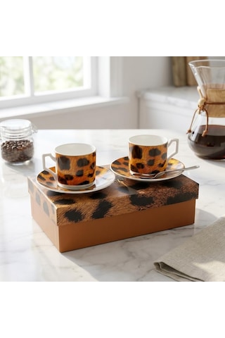 Tr 2'li Porselen Kahve Fincanı Takımı - 100 Cc Leopar Desenli Altın Yaldızlı Premium Türk Kahvesi Ve Espresso Fin Diğer