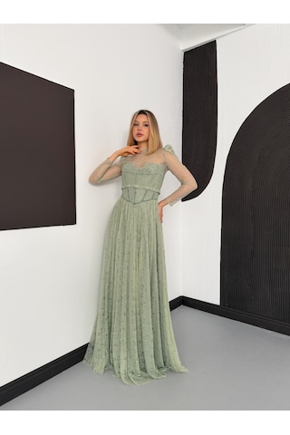 Livanomi Bolerolu İşlemeli Mint Yeşili Dantelli Abiye