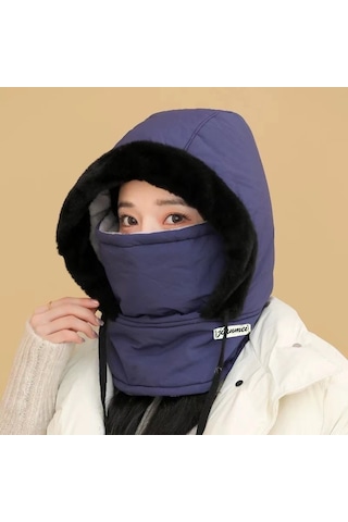 Kulak Korumalı Rüzgar Ve Kar Maskeli Boyun Atkısı Entegre Şapka Lacivert